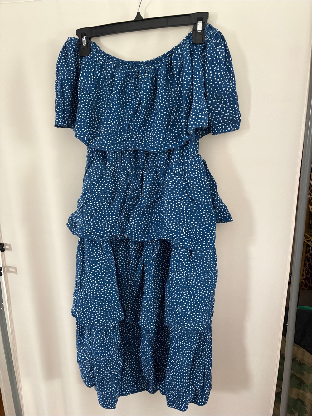 Blue Polka Dot Tiered Off-Shoulder Maxi Dress